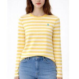 Vtg Y2K Ralph Lauren Sport Stripe Long Sleeve Tee Women L Yellow Cotton Breton